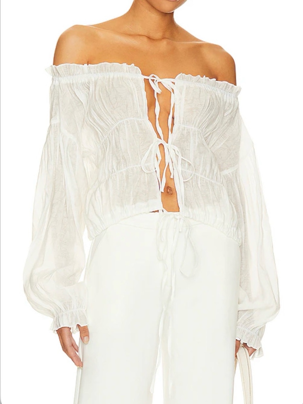Off-Shoulder Tie-Front White Peasant Blouse